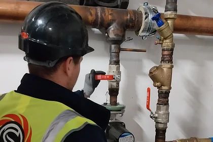 Blue flanged gate valves and a Y-strainer on insulated pipework in a plant room.