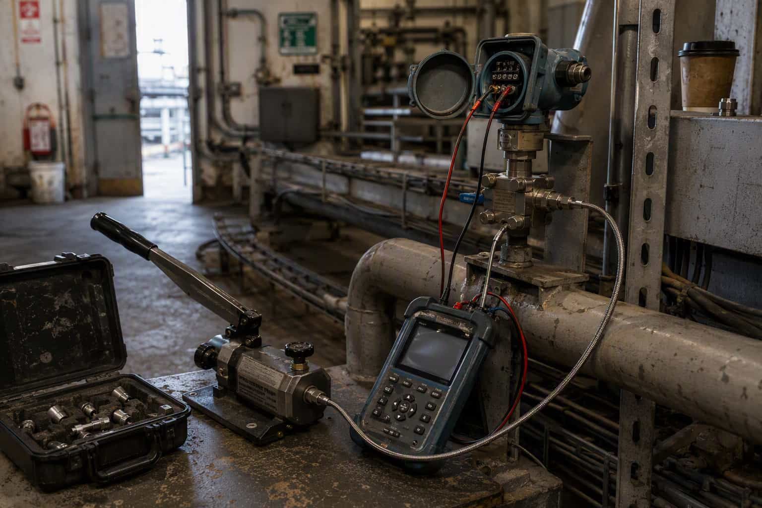 A handheld pressure calibrator and hand pump connected by test leads to a field transmitter, with a case of test fittings alongside.