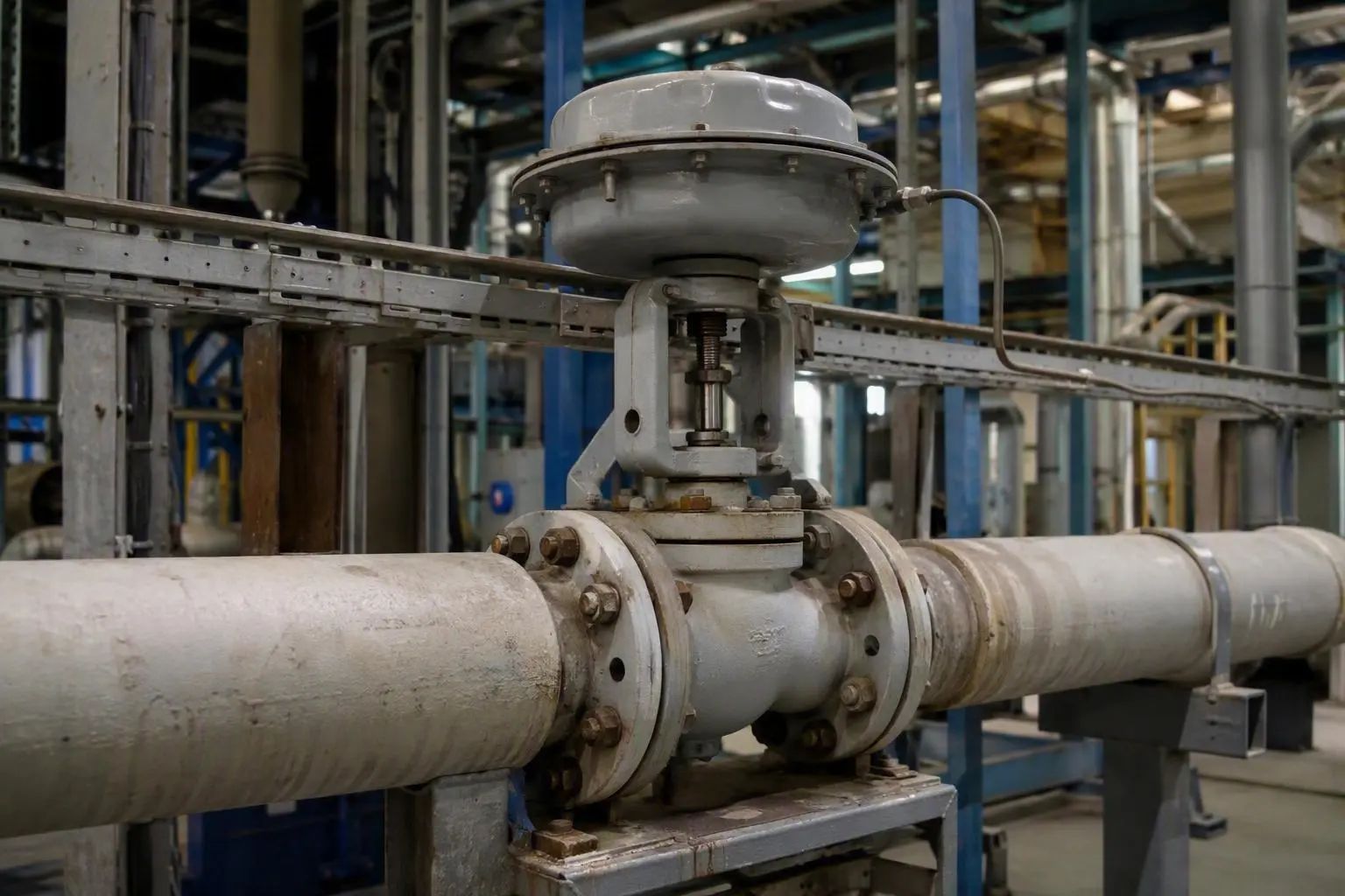 A pneumatic diaphragm-actuated control valve flanged into a process line on a plant pipe rack.