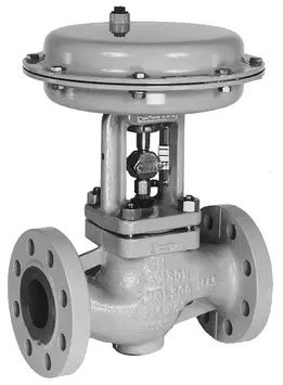 Flanged globe valve with a pneumatic diaphragm actuator and a mounted positioner.