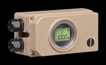 Electropneumatic positioner with a round digital display and two cable glands.