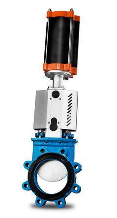 Knife gate valve with a pneumatic cylinder actuator mounted above the body.
