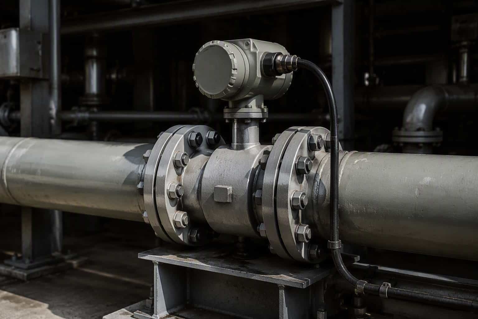 An inline flow meter with a head-mounted transmitter, bolted between flanges on a process pipe.