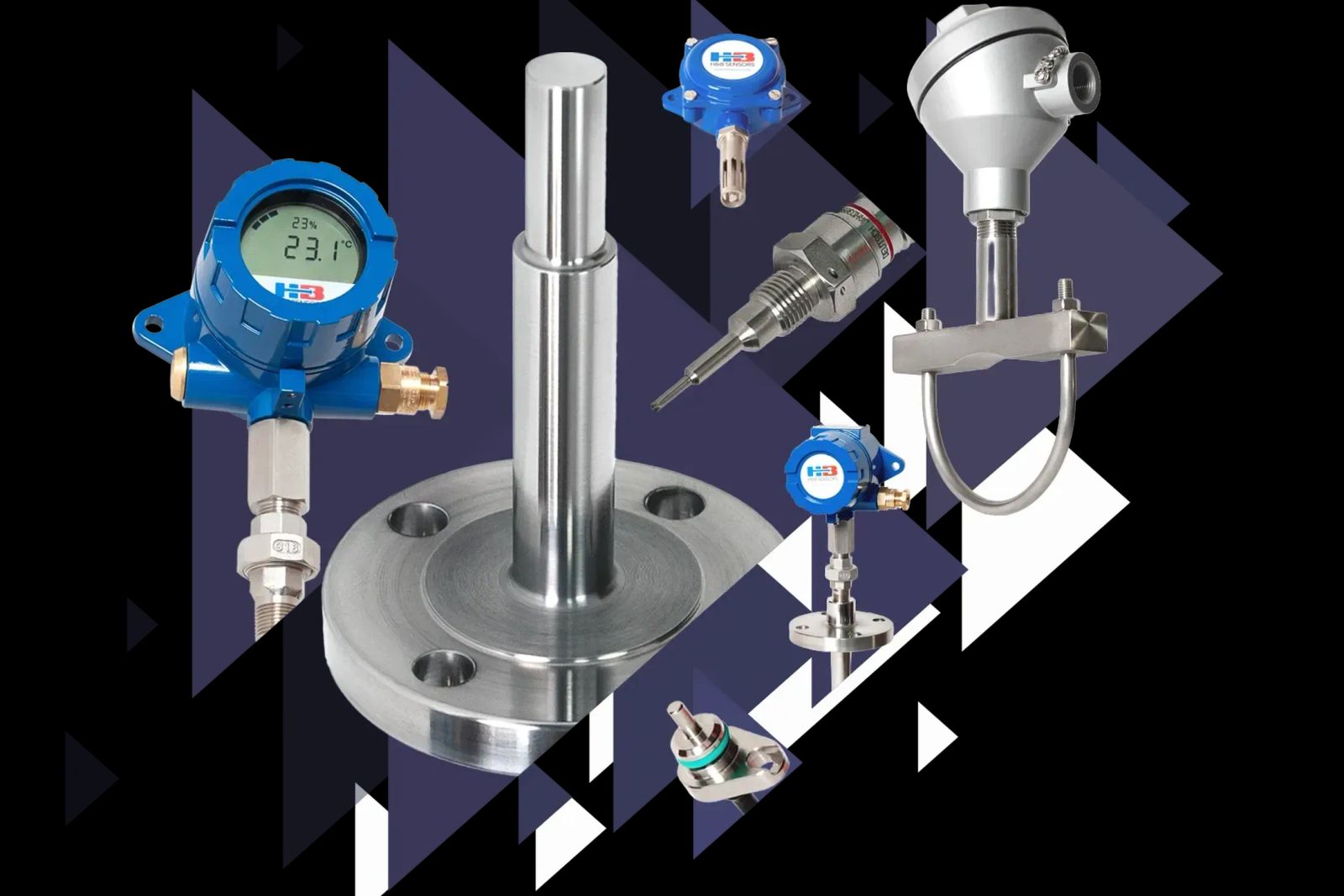 Flanged stainless steel thermowell with temperature transmitter heads, a connection head, sensor inserts and a pipe-clamp probe on a dark geometric background.