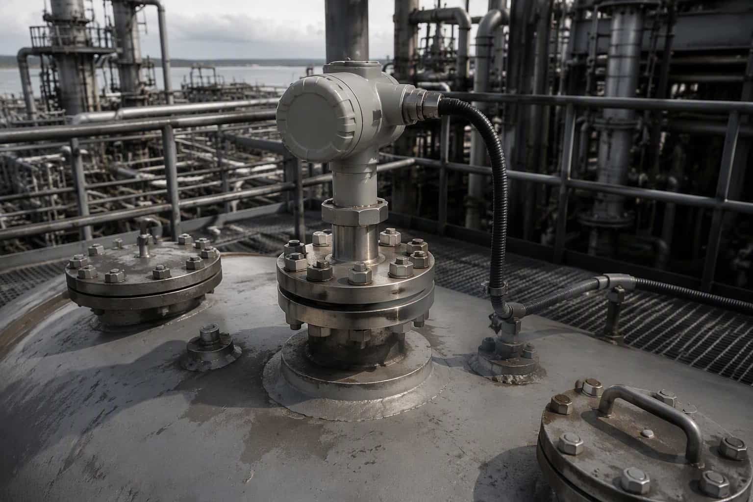 A level transmitter flange-mounted on top of a process vessel on an outdoor plant deck.