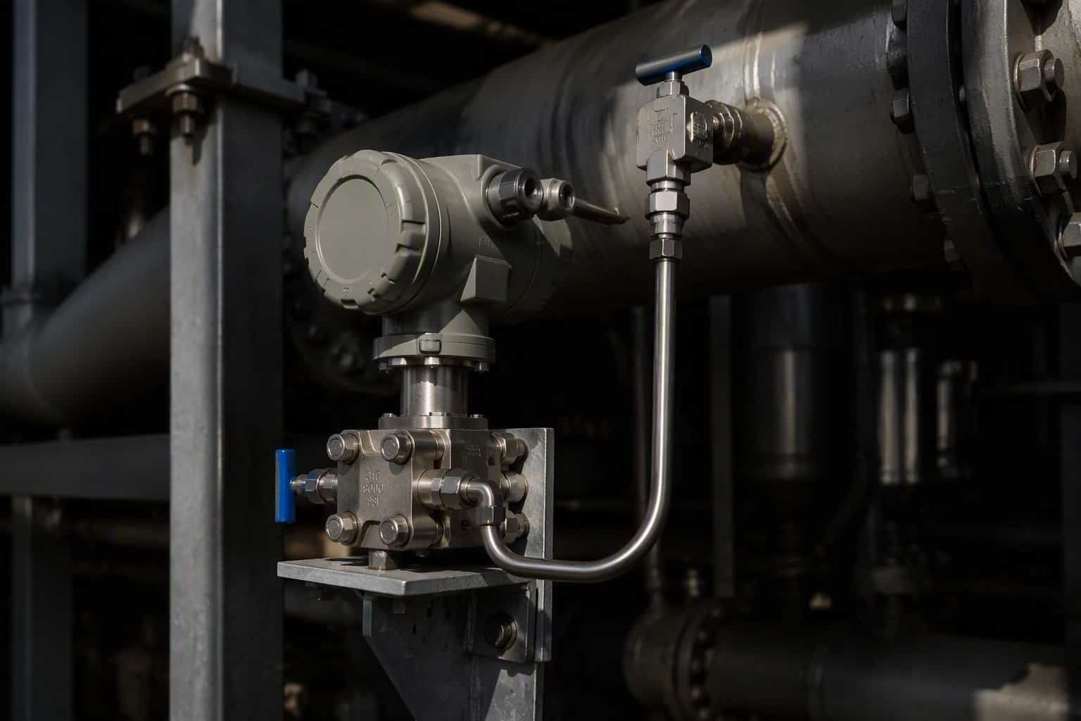 A pressure transmitter on a valve manifold, impulse-piped to a process line.