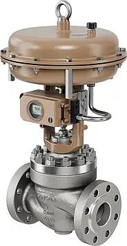 Flanged globe control valve with a diaphragm actuator and positioner mounted on the bonnet.