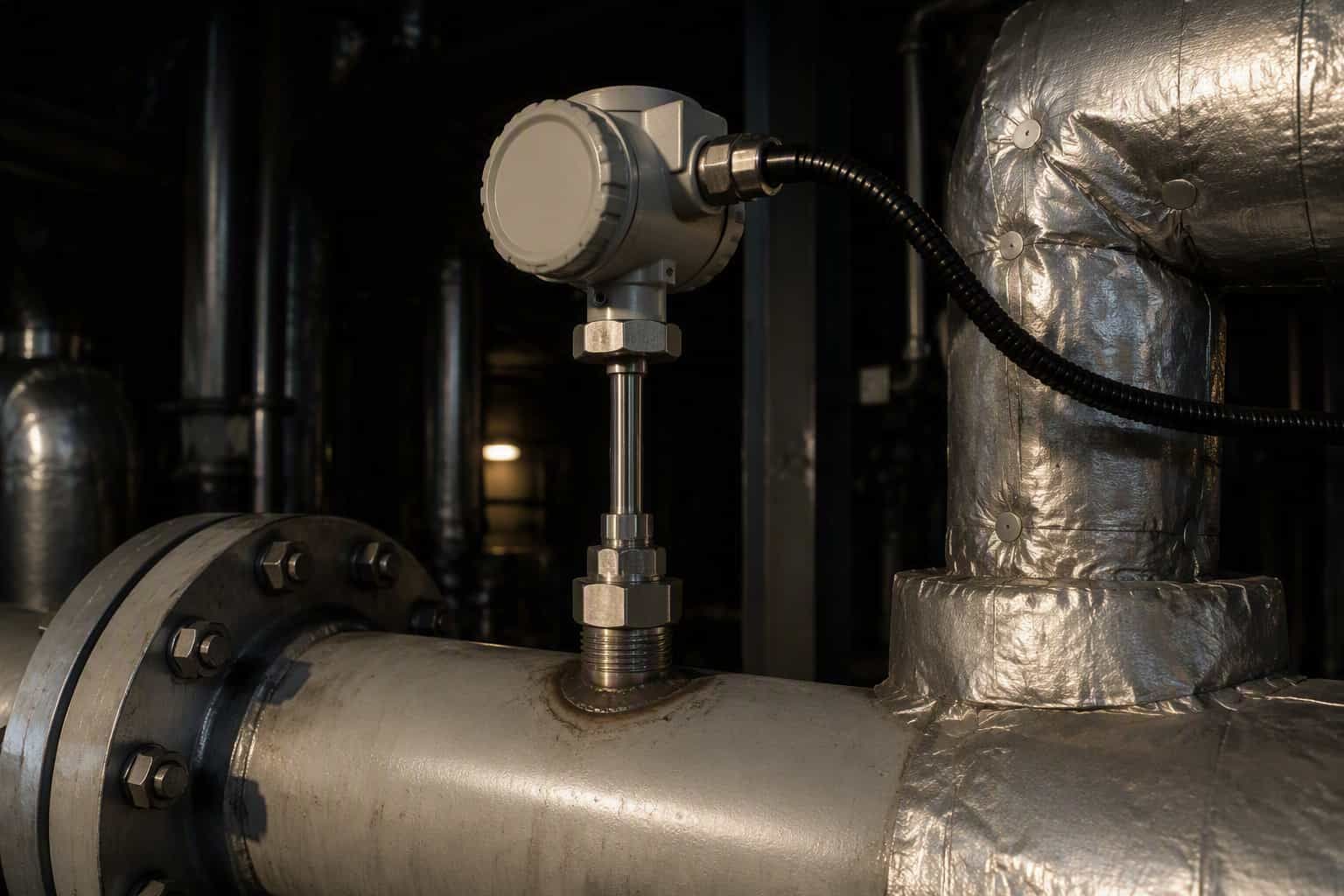 A temperature transmitter on a thermowell fitted into a process pipe, beside insulated pipework.