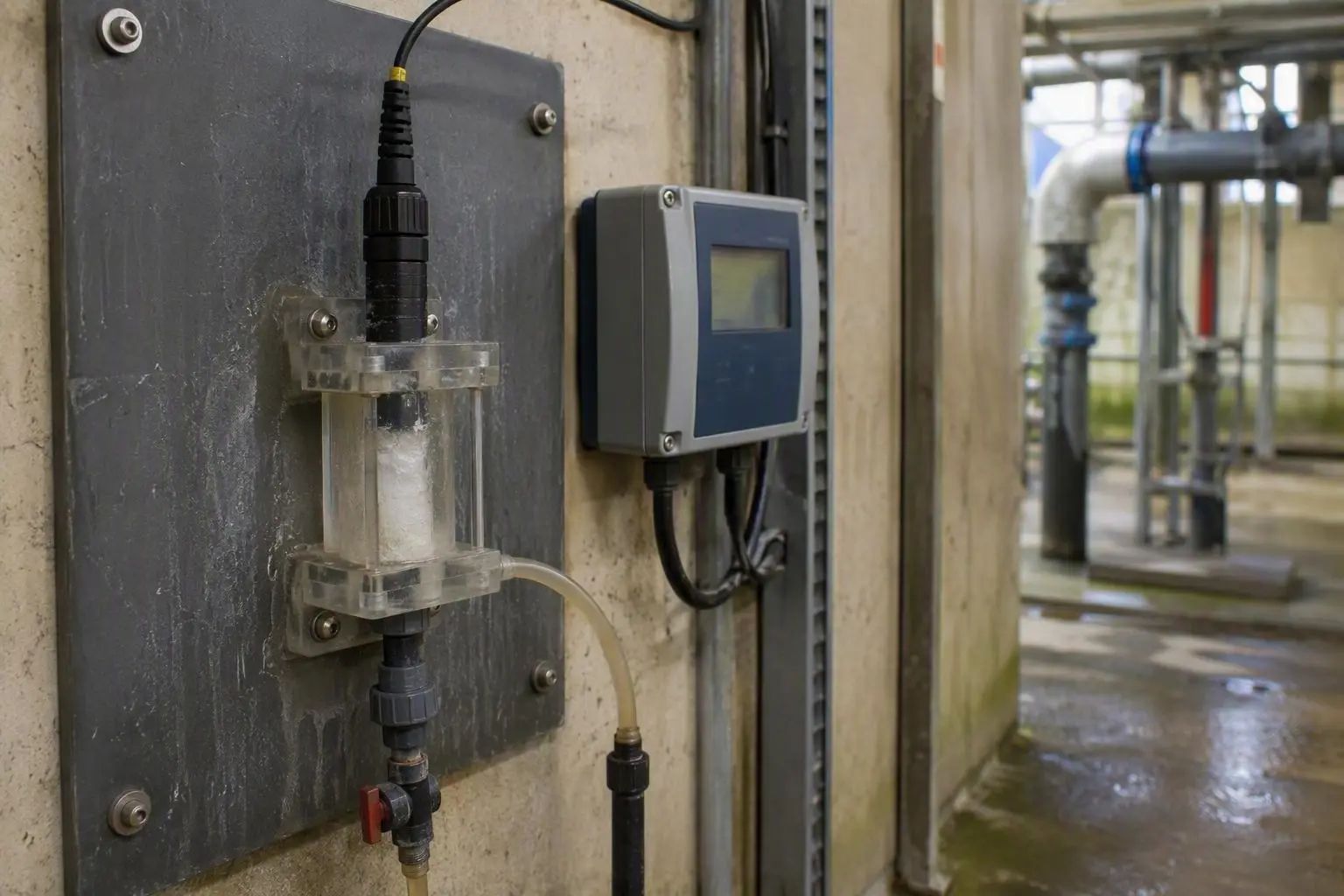 A water quality sensor in a flow cell on a wall panel, wired to a transmitter at a treatment works.